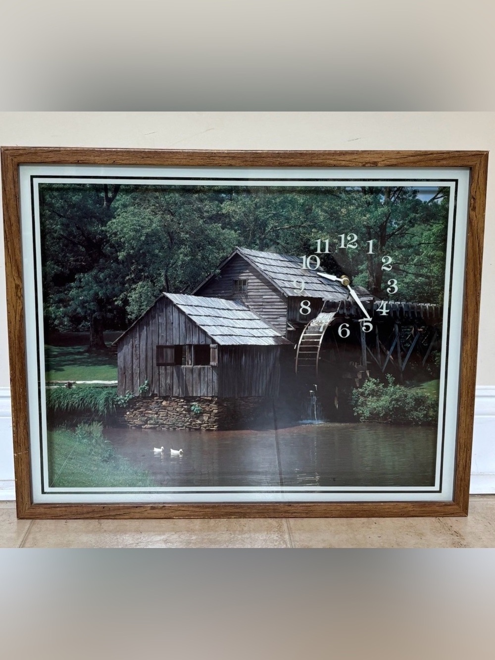 Vintage Scenic Rustic Watermill Wall Clock Decor in Brown and Green